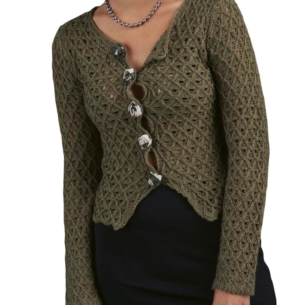 UNIF Olive Green Crochet Open Knit Rose Flower Snap Front Cardigan Sweater sz S